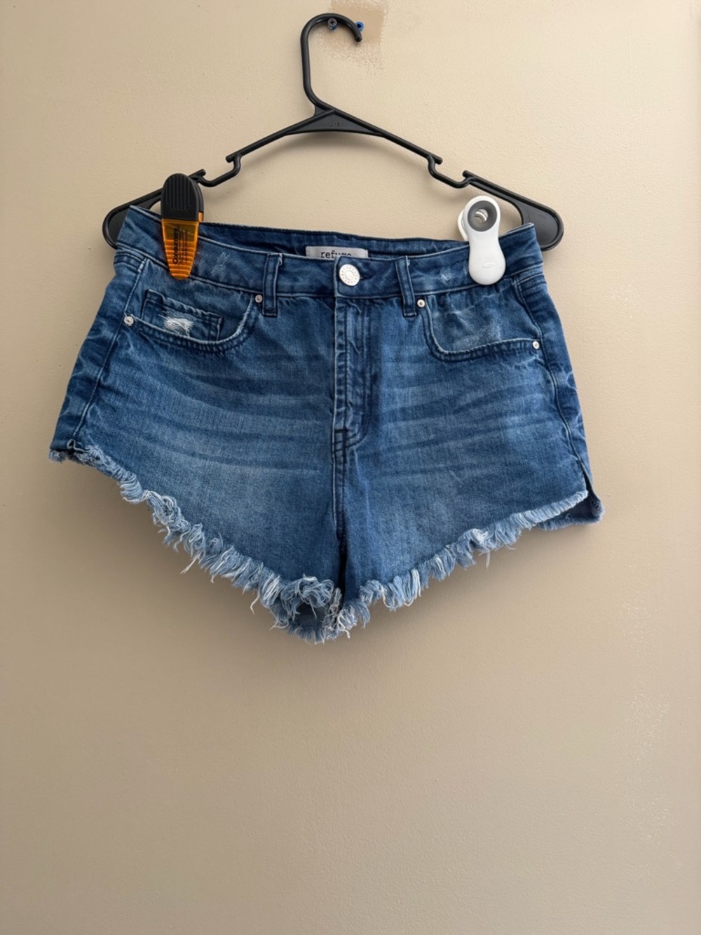 refuge Distressed Dark Blue Frayed Hem Denim Shorts